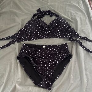 High Waisted, Halter Black Polka Dot Bikini Set